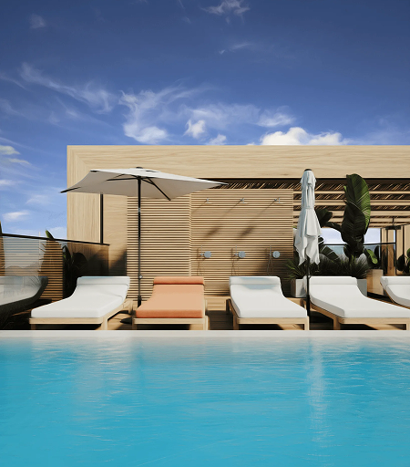 Rooftop with bar and ocean view